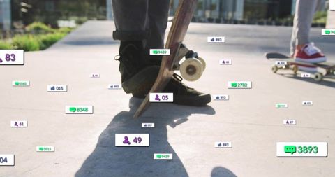 Skateboard Feet with Social Media Notifications Overlay in Urban Skatepark Close-Up