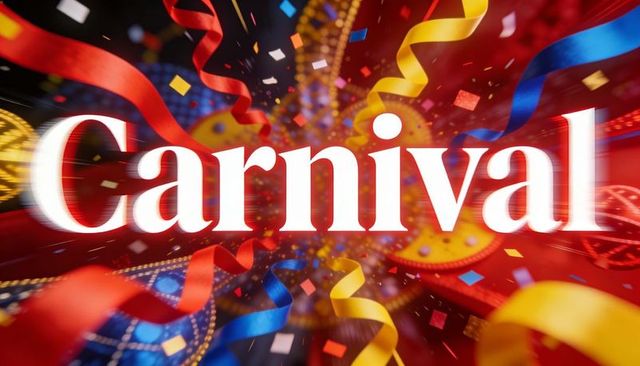 Carnival celebration featuring colorful streamers, confetti and neon medallions