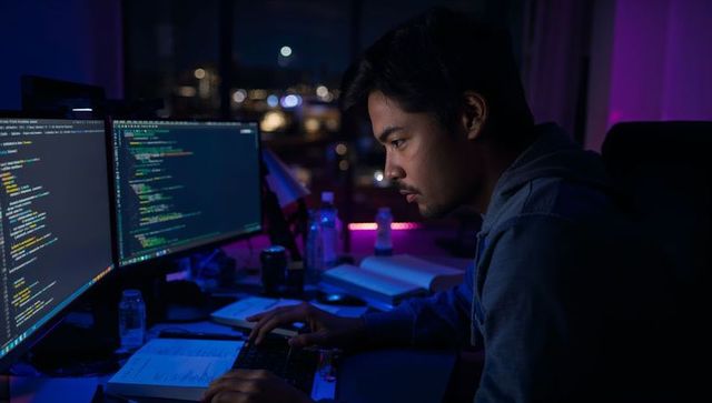 Late-night programmer coding on dual monitors in neon-lit home office, concentrating