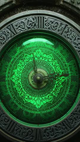 Rotating Glowing Green Dial Pointers Clockwise inside Ancient Stone Ring of Arcane Runes