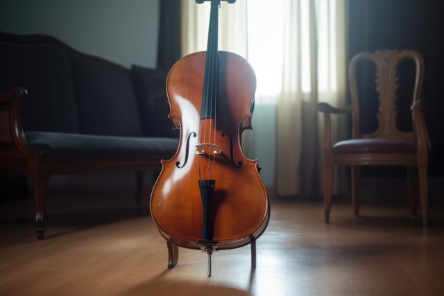 This stock photo features a cello standing upright in an elegant room, illuminated by natural light. The wooden string instrument adds a touch of classical charm to the indoor scene. Ideal for use in music education materials, classical music promotions, and interior design blogs. The photograph highlights the exquisite craftsmanship of the cello and provides a serene and relaxed atmosphere that could complement articles related to musical instruments or vintage furniture.