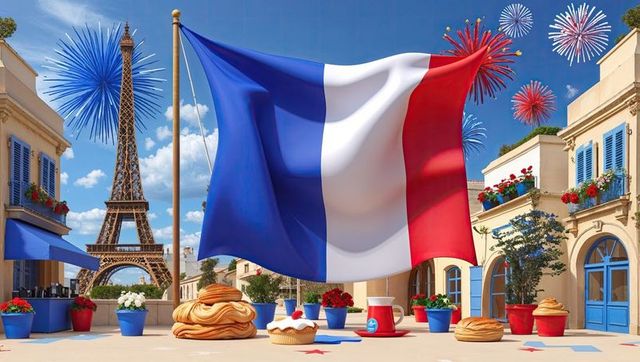 French flag waving near eiffel tower with pastries and fireworks