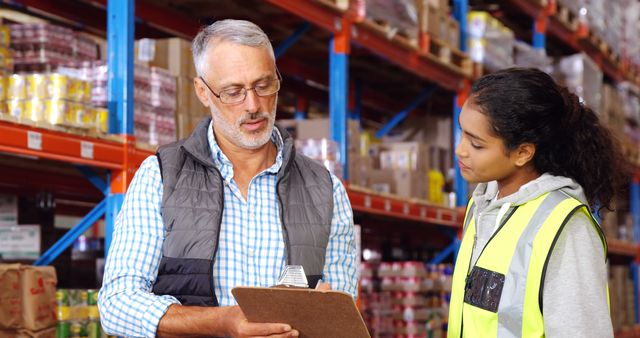 Warehouse manager and young employee going over a checklist in a distribution center. Useful for articles on warehouse management, teamwork in logistics, inventory management, mentorship in the workplace, and supply chain efficiency.