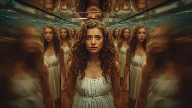 Surreal reflection of woman in mirror chamber with warm lighting