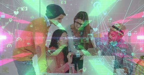 Team collaborating in digital world office ambience