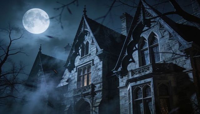 Moonlit gothic mansion with lit windows and drifting fog, victorian revival manor at night