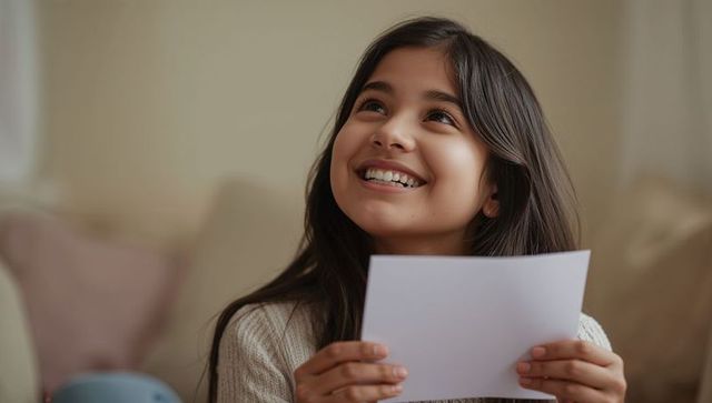 Smiling preteen girl holding blank paper on cozy sofa showing braces and joyful expression