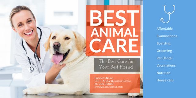 Smiling Veterinarian with Dog Promoting Animal Care Services Poster - Download Free Stock Templates Pikwizard.com