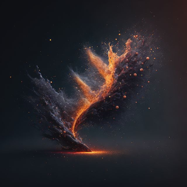 Magnified particles in air during explosion of orange powder created using generative ai technology. Energy and suspension of microscopic particles moving in air concept.