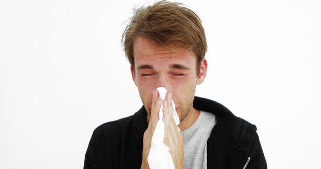 Sick young man blowing his nose on white background