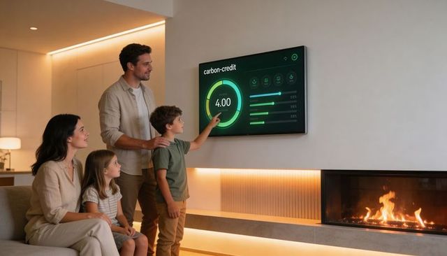 Family using smart home carbon-credit dashboard in warm minimalist living room