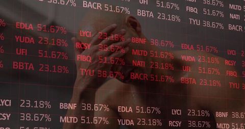 Bare-chested trader wiping sweat amid red stock ticker signaling market volatility, stress