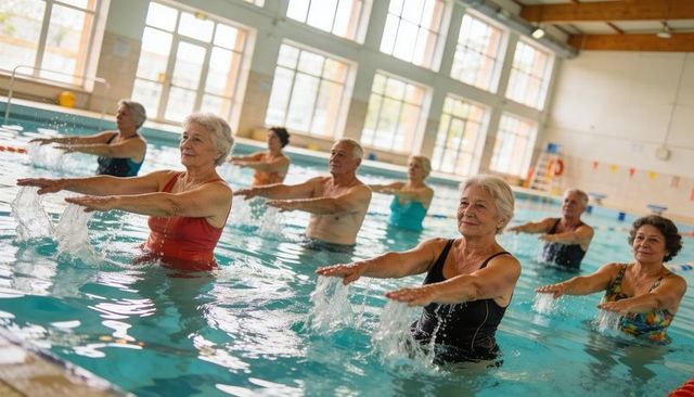 Senior adults exercising in indoor pool doing aquatic fitness class for active aging