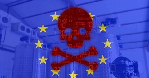 European industrial cyber threat concept showing binary skull overlay on processing tanks