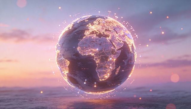 Glowing digital globe hovering above water showing global network connectivity at twilight