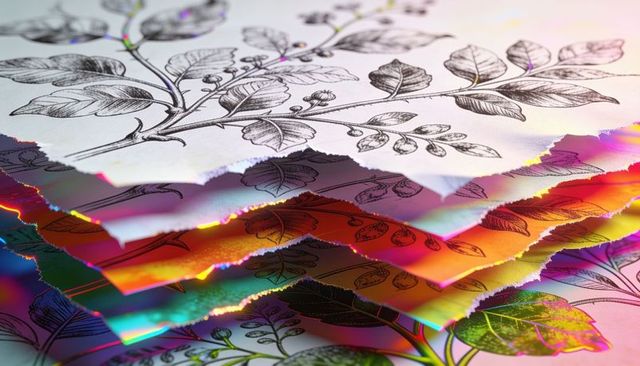 Stacking torn vellum sheets with botanical ink drawings and iridescent holographic edges