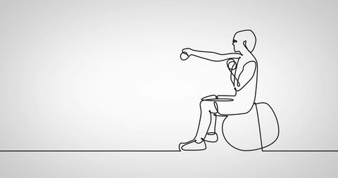 Continuous line drawing of woman exercising with dumbbells on gym ball