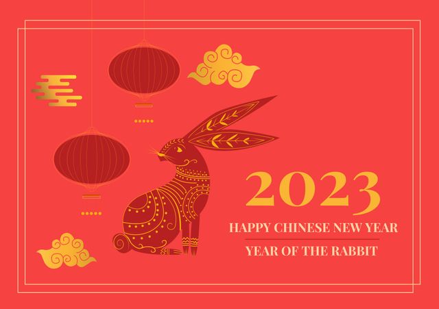 Design themed around 2023 Chinese New Year. Features traditional eastern motifs such as lanterns, clouds, and the rabbit, symbolizing the lunar year's zodiac. Ideal for use in New Year greeting cards, festive posters, social media posts, or invitations to Chinese New Year events.