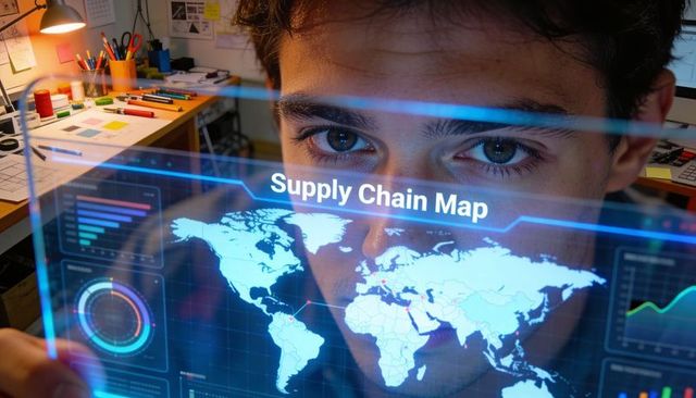 Young professional inspecting holographic supply chain map for logistics analytics