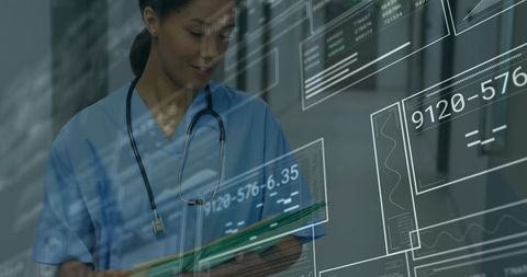 Nurse reading ehr holding clipboard wearing stethoscope, modern clinical interface