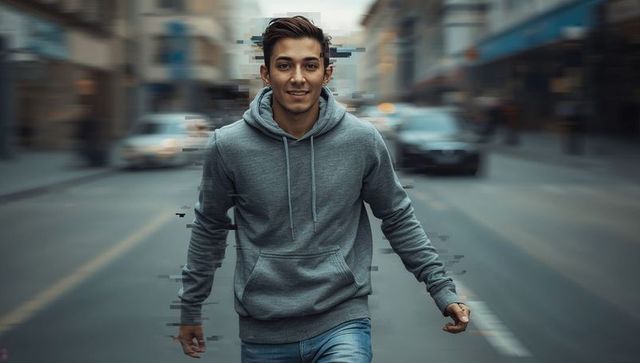 Street runner walking toward viewer in gray hoodie with pixel glitch effect