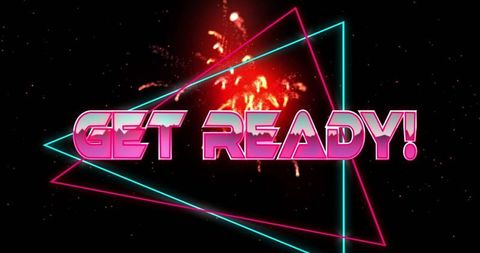Neon Futuristic 'GET READY' Text with Fireworks