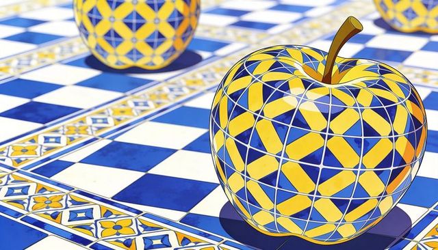 Blue yellow mosaic apple sculpture on checkered ceramic tiles with glossy geometric pattern