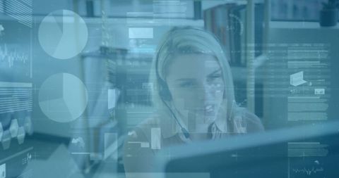 Businesswoman handling financial data in futuristic office