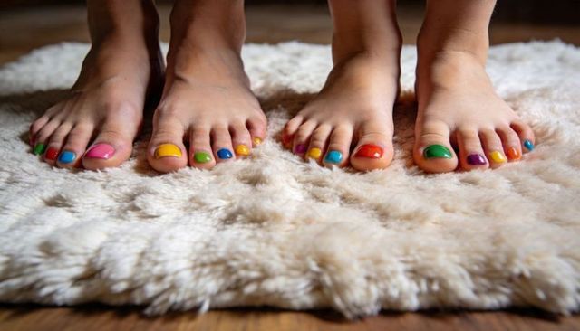 Two pairs of bare feet resting on plush cream rug with rainbow toenails pedicure