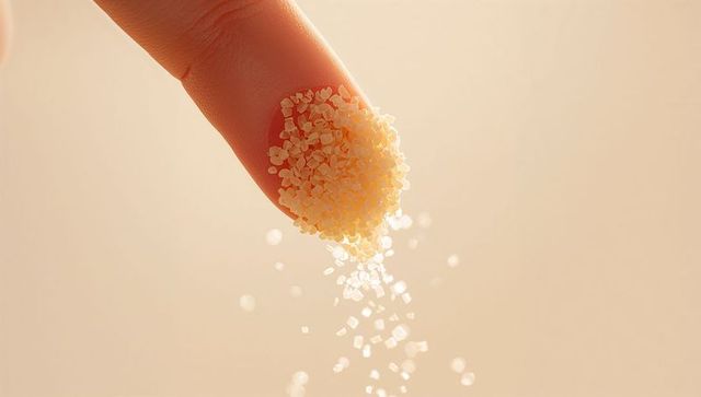 Fingertip shedding pale granules sliding down warm beige background macro closeup
