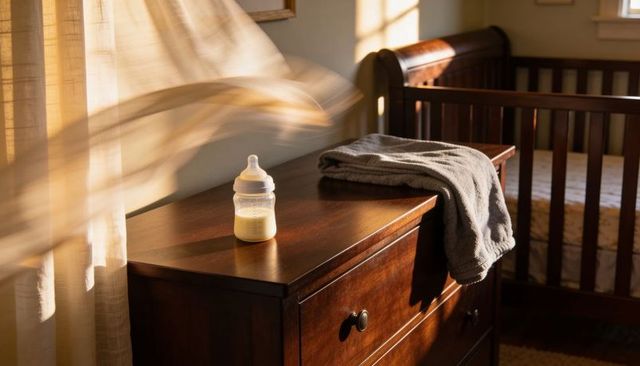 Baby bottle catching golden sunlight on wooden dresser in cozy nursery