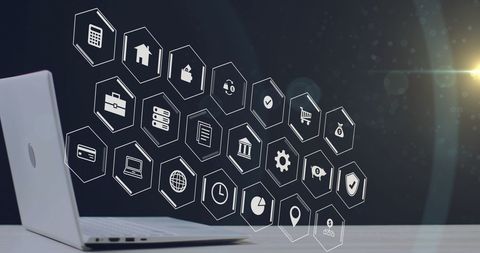 Digital Interface Icons Floating Above Laptop