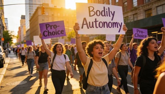 Young activists marching for bodily autonomy at sunset pro-choice rally