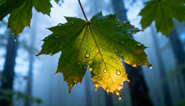 Backlit maple leaf with dew drops in misty forest closeup revealing veins and droplets