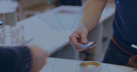 Barista handing credit card at cafe counter with latte and blue digital payment overlay