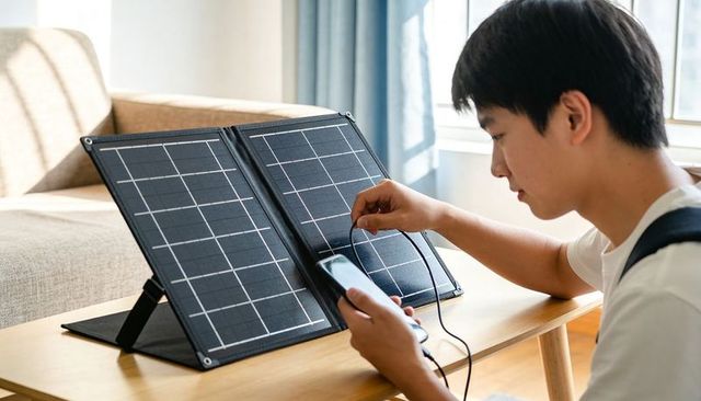 Teen connecting portable foldable solar panel to smartphone for charging at home