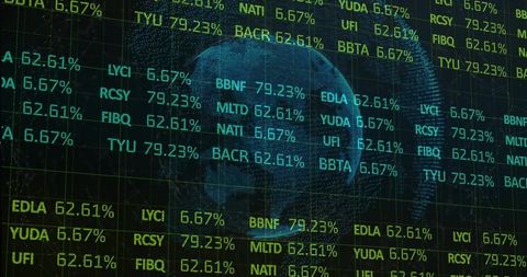 Dotted wireframe globe over neon financial dashboard showing stock tickers and percentages