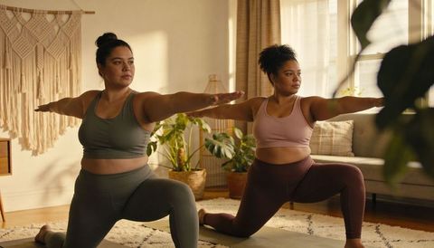 Plus-Size Women Practicing Low Lunge Yoga at Home for Strength Balance and Mindfulness
