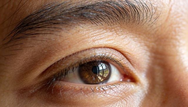 Gazing brown eye macro closeup showing multi-pane window reflection and skin texture