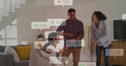 Family dancing in bright modern living room with social media notification overlays