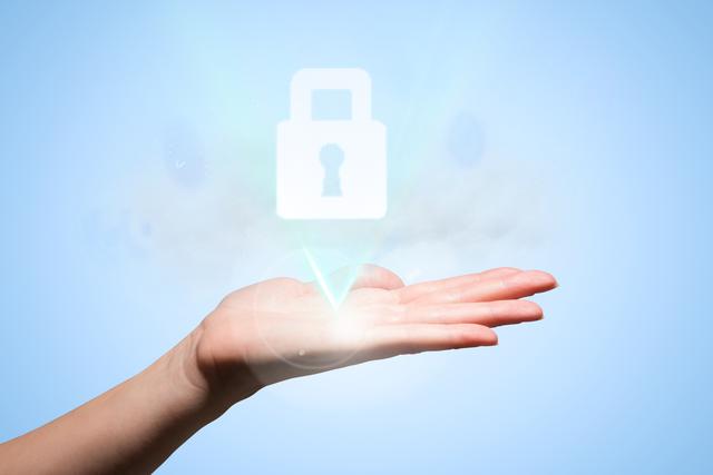 Hand extending upwards while digital padlock symbol appears above it, representing concepts like cyber security, data protection and technology advancements. Useful for illustrating topics on privacy, cloud computing, internet security and conceptual technology themes.