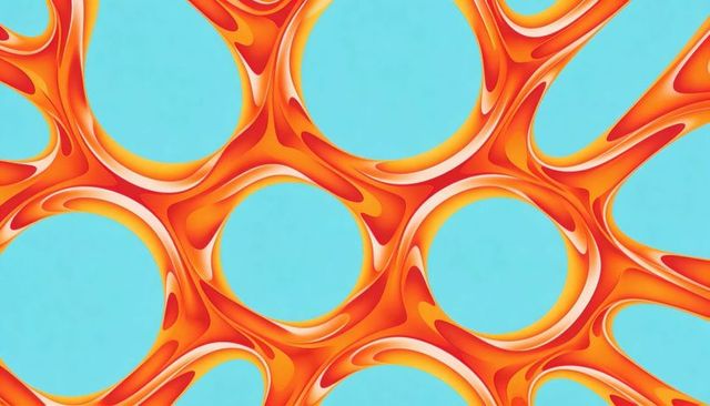 Glossy orange-red lattice creating diagonal turquoise voids and geometric tessellation