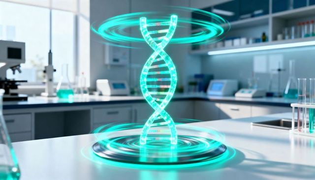 Holographic dna helix projecting above lab bench with futuristic cyan glow