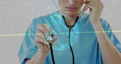 Doctor in blue scrubs holding stethoscope examining holographic globe with digital waveform