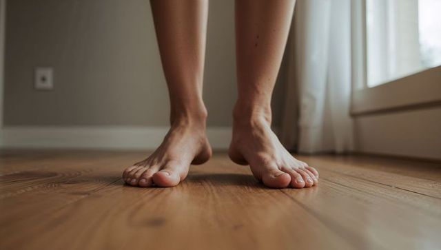 Bare feet standing on warm hardwood floor by sunlit window with sheer curtain morning daylight