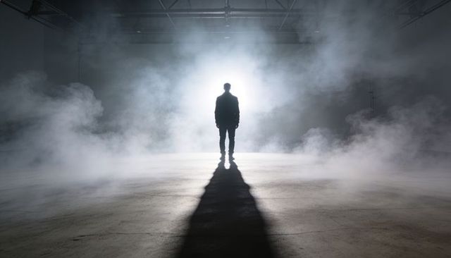 Backlit lone man standing in fog-filled warehouse casting long shadow, cinematic moody scene