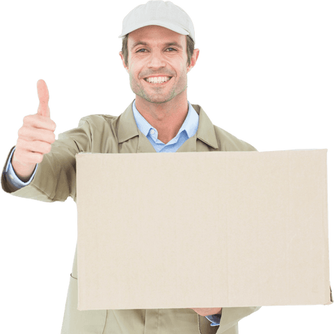 Happy courier with thumbs up and cardboard box on transparent background