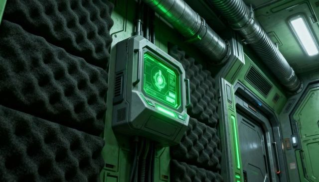 Futuristic industrial corridor featuring glowing green control console and eggcrate foam