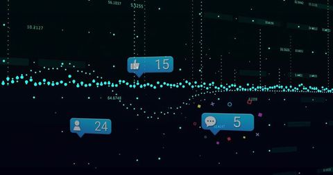 Teal social media engagement dashboard showing likes comments followers over data waveform