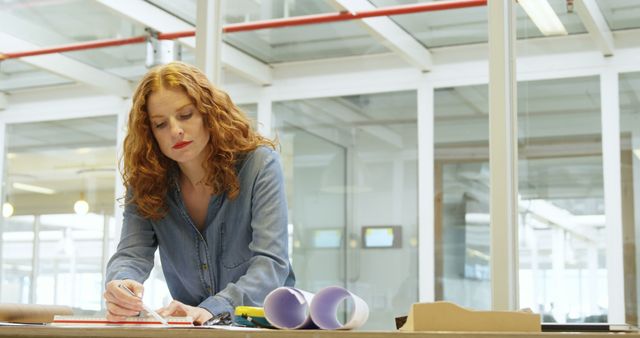 Young Female Architect Sketching Detailed Designs in Modern Office - Download Free Stock Images Pikwizard.com